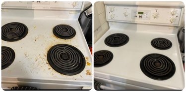 Before-and-after photos of clean stovetop