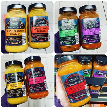 A collage of four images, each with photos of 24oz jars of soup: The first is carrot coconut bisque and pumpkin maple bisque, the second is hearty vegetable;e and southwest style tomato and black bean, the third is butternut squash and roasted red pepper and tomato, and the fourth is tomato Parmesan bisque.