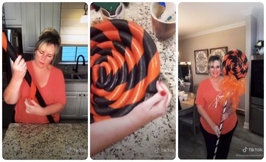 black and orange giant lollipop made from pool noodles