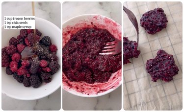 Three images: The first is a white bowl on a marble counter filled with frozen mixed berries, with chia seeds, and a drizzle of maple syrup being poured in. There is white text that reads "1 cup frozen berries, 1 tsp chia seeds, 1 tsp maple syrup". The second image is the same bowl with the berry mixture mashed up with a fork. The third image is two small scoops of berry mixture on parchment paper.