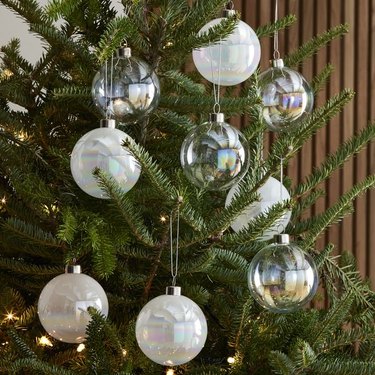 Glass Ball Ornament Box, Pearl White & Iridescent