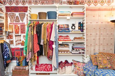 boho dressing room with patterned textiles and baskets