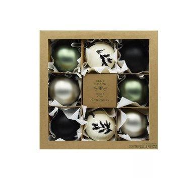 8-Piece Glass Christmas Ornament Set in Black/Green