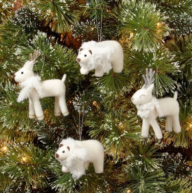 Boiled Wool Animal Christmas Tree Ornament Set White
