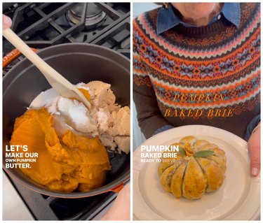 On the left are ingredients being mixed with a wooden spoon in a pot. On the right is a woman in a orange and brown patterned sweater holding a plate of baked brie shaped like a pumpkin.
