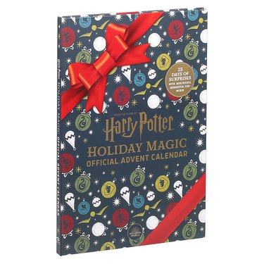Harry Potter Holiday Magic Advent Calendar. The box has images of red, green, yellow and blue ornaments with house images inside for Gryffindor, Hufflepuff, Slytherin and Ravenclaw. An image of a red bow is at the top left corner, and red ribbon on the bottom right.