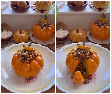 On the right is a baked pumpkin stuffed with meat, rice, and vegetables on a white plate. On the right is that same pumpkin with a slice taken out of it.