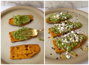 On the left is a gold fork mashing avocado on three slices of toasted sweet potato. On the left are three slices of toasted sweet potato topped with mashed avocado, feta, red pepper flakes, and honey.
