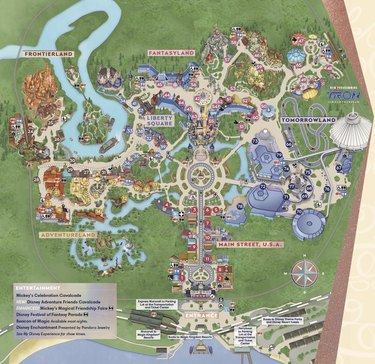 An illustrated map of Magic Kingdom in Florida.