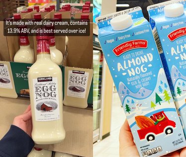 Split screen image of a bottle of egg nog on the left and a carton of almond nog on the right