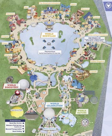 An illustrated map of the EPCOT theme park at Walt Disney World.