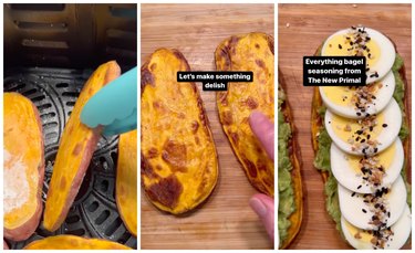 On the left is tongs flipping sliced sweet potato in the air fryer. In the middle are toasted slices of sweet potato on a wooden cutting board. On the right are slices of sweet potato topped with mashed avocado, sliced hard boiled eggs, and everything but the bagel seasoning.