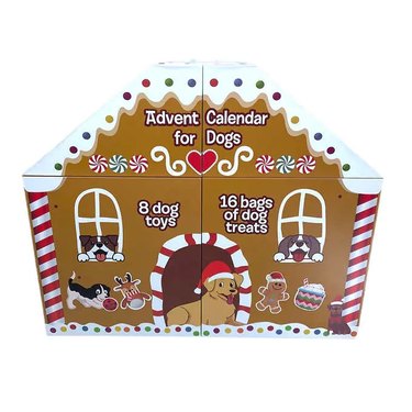 A gingerbread house shaped box, with text reading "Advent Calendar for Dogs. 8 dog toys, 16 bags of dog treats" There are images of dogs throughout, a brown dog at the door in a Santa hat, and two white and brown dogs in the windows.