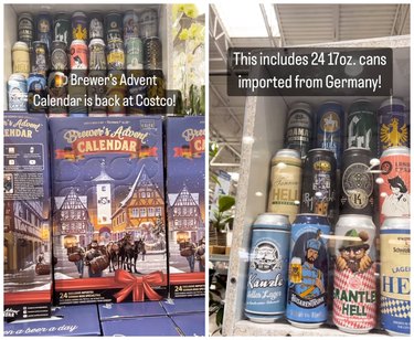 Two Instagram screenshots of the Brewer's Advent Calendar on the Costco shelves.