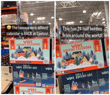 Instagram screenshots of Costco wine advent calendar on the shelves at the store.