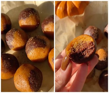 On the left are pumpkin brownie cookie balls on a baking tray. On the right is a hand holding the pumpkin brownie cookie ball over a baking tray.