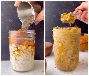 On the left are oats, pumpkin puree, and other seeds being placed in a mason jar. On the right is a hand holding a spoon over a mason jar with pumpkin overnight oats.