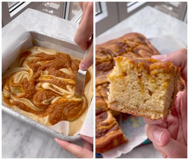 On the left is pumpkin batter swirled with pumpkin puree in a pan. On the right is a hand holding up a piece of pumpkin pie snacking bread.