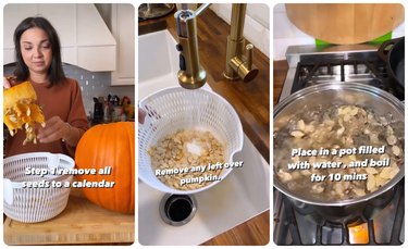 Three images: The first is Lane removing pumpkin seeds from the top of a pumpkin, into a white colander. The second is the colander full of pumpkin seeds being rinsed in the kitchen sink. The third is the pumpkin seeds in a pot filled with boiling water on the stove.