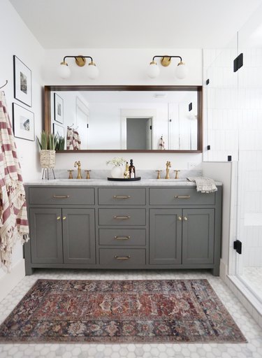 gray cabinets in modern bohemian bathroom