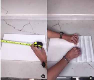 Split screen image of someone measuring a shelf surface on the left and then placing plastic runners on that shelf on the right