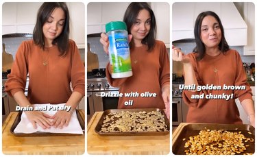 Three images: The first is Lane drying the pumpkin seeds with a paper towel on the baking sheet. The second, Lane holds a shaker bottle of ranch seasoning, the third is Lane eating a pumpkin seed, with the roasted pumpkin seeds in front of her on the baking sheet.
