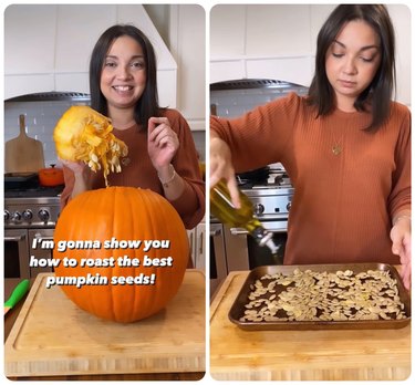 Two images: On the left, lifestyle blogger Virginia H Lane is in her kitchen, holding the top of a pumpkin. White text reads, "I'm gonna show you how to roast the best pumpkin seeds!". The second image is Lane drizzling olive oil over pumpkin seeds on a baking sheet. She is wearing an orange sweater, and has short brown hair.