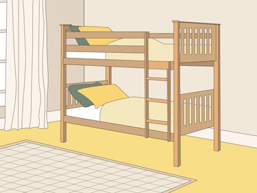 An illustration of a wood bunk bed with a yellow blanket and yellow and green pillows next to a window with floor-length beige curtains.