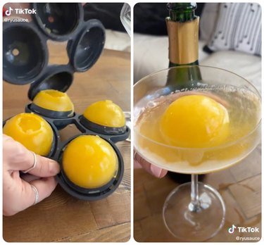 mimosa hack: champagne with orange juice ice sphere