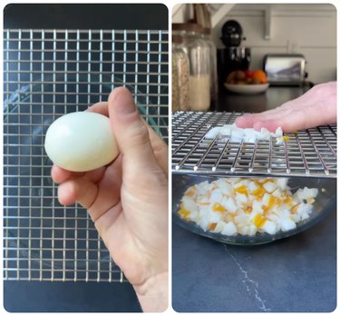 hardboiled egg pushed through wire rack