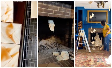 On the left are old looking letters on a baking sheet. In the middle are letters being taped into a fireplace. On the right is a woman in a yellow sweater and jeans attaching letters to string in front of the fireplace and next to the ladder.