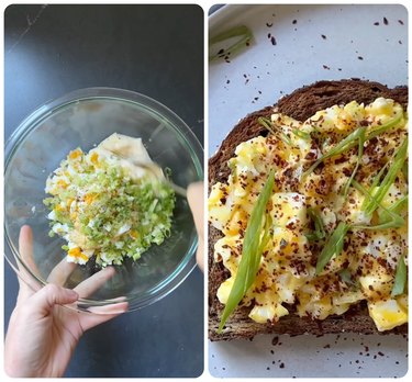 egg salad in a bowl and on toast
