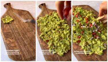 On the left is a knife smearing guacamole onto a wooden board. In the middle is a hand sprinkling chopped veggies onto the guacamole board. On the right is a hand holding a chip and scooping up guacamole from the guacamole board.