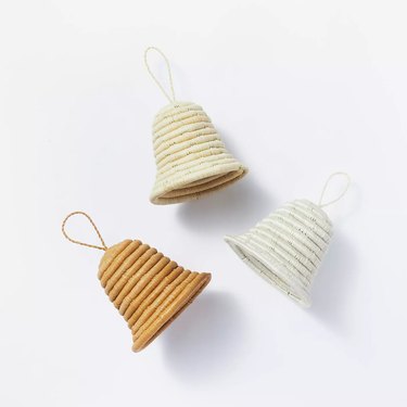 three woven bell ornaments