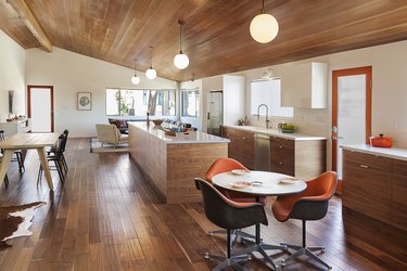 Walnut kitchen cabinets, floor, and ceiling