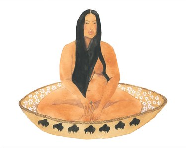A watercolor print of a Native person with long black hair in a bowl that has black buffalos on the outside on white flowers on the inside.