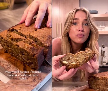 Split screen image of banana bread on the left and a woman eating banana bread on the right