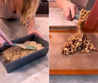 Split screen image of a woman baking banana corn bread