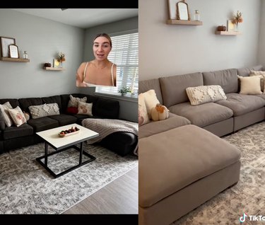 Before and after images of a living room that got a new sectional couch