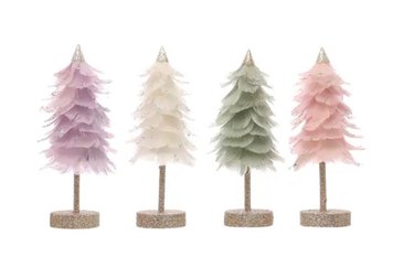 A line of four feather trees with gold, glittery tops. Colors from left to right: Lavender, white, sage and light pink.