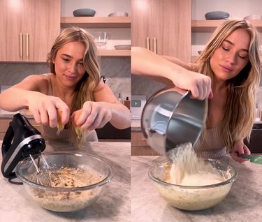 Split screen image of a woman cracking eggs into a bowl on the left and a woman putting a flour mixture into the bowl on the right