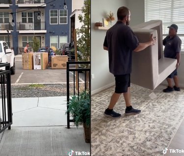 Movers with large boxes on the left and movers carrying a couch on the right