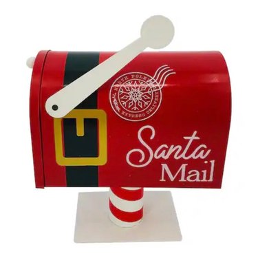 A red mail box with a white flag. The mailbox has a black belt design with a gold buckle around the front, with a white stamp image with a snowflake that reads "North Pole Express Delivery". There's text on the bottom right corner that ready "Santa Mail", and the mailbox rests on a red and white striped stake.