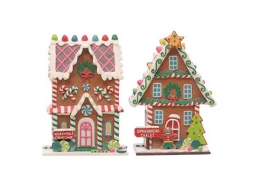 Two gingerbread houses, the one to the left is decorated with pink, red, green and white icing with a sign by the front door that says "North Pole Candy Shop", while the gingerbread house on the right is decorated with green, red, white and blue icing. There is a gingerbread man by the front door, next to a sign that reads "Gingerbread chalet"