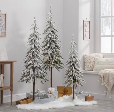 Three downswept flocked alpine balsam artificial Christmas trees. The three trees are lit, with faux snow underneath them with an array of brown and silver wrapped presents. There is a window and a window seat to the right, with two cream colored pillows and a decorative wall print that reads " Fa La La".