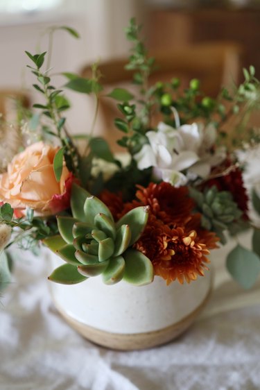 Closeup of DIY succulent floral centerpiece