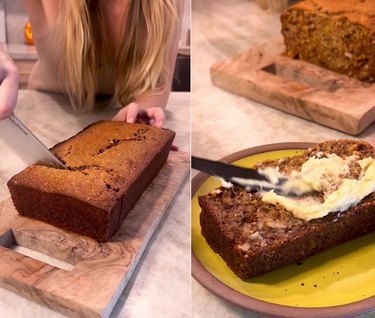 Split screen image of someone cutting into banana cornbread on the left and some putting butter on it on the right