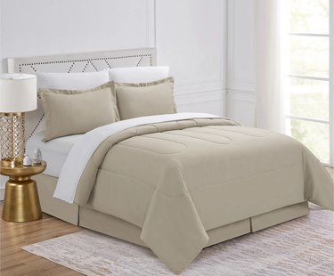 tan bedding with white sheets