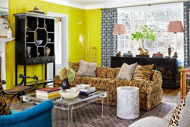 Living room with chartreuse lacquered walls, navy print curtains, leopard print couch, teal couch, and acrylic coffee table.