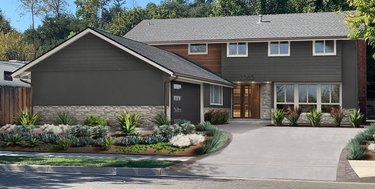 charcoal gray stucco home with wood and stone detail